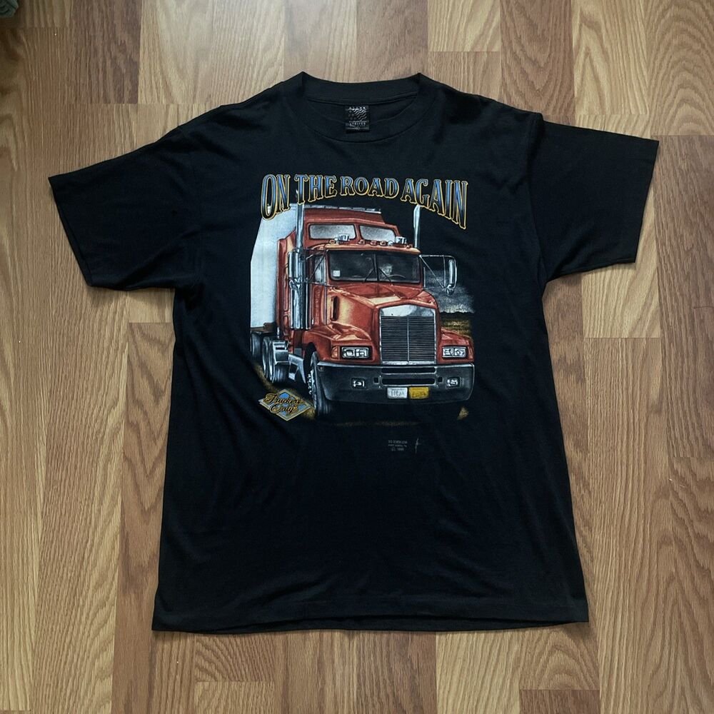 Vintage 3D EMBLEM T Shirt Truckers Only On The Road Again Size large 1990 THIN